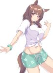  1girl absurdres alternate_costume animal_ears blue_shorts blush brown_eyes brown_hair closed_mouth commentary_request cowboy_shot ear_ornament floral_print gaze_on_me!_outfit_(umamusume) hair_ornament hairclip highres horse_ears horse_girl horse_tail light_hello_(umamusume) looking_at_viewer medium_hair midriff navel sawara_noa scrunchie shirt short_sleeves shorts simple_background smile solo tail tied_shirt umamusume white_background white_shirt wrist_scrunchie 