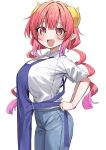  1girl :d absurdres apron blue_apron blue_pants breasts commentary denim dragon_girl dragon_horns haruyuki_(gffewuoutgblubh) highres horns huge_breasts ilulu_(maidragon) jeans kobayashi-san_chi_no_maidragon long_hair looking_at_viewer low_twintails open_mouth pants pointy_ears red_eyes red_hair sharp_teeth shirt smile solo standing teeth twintails upper_teeth_only white_shirt yellow_horns 