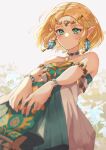  1girl bare_shoulders blonde_hair blush braid commentary_request dress earrings foreshortening green_eyes hair_ornament highres jewelry looking_at_viewer necklace parted_bangs perspective pointy_ears princess_zelda seri_(yuukasakura) short_hair sidelocks sitting solo the_legend_of_zelda the_legend_of_zelda:_tears_of_the_kingdom thick_eyebrows 