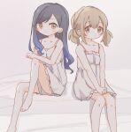  2girls azusawa_kohane bare_arms bare_legs bare_shoulders barefoot black_hair blue_hair blush_stickers closed_mouth collarbone commentary dot_mouth dot_nose double-parted_bangs dress feet_out_of_frame foot_out_of_frame frilled_dress frills gradient_hair hair_ornament hair_over_shoulder hairclip highres leg_up light_brown_hair long_hair looking_at_another looking_to_the_side low_twintails multicolored_hair multiple_girls orange_eyes own_hands_together paperclip_hair_ornament project_sekai shiraishi_an short_hair sideways_glance simple_background sitting sleeveless sleeveless_dress spaghetti_strap star_(symbol) star_hair_ornament swept_bangs tareme tsuchiyoko_(hamu_prsk) twintails v_arms wavy_hair white_background white_dress 
