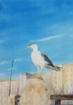  animal bird blue_sky building cloud highres lamppost miyuchan777 no_humans original painting_(medium) sky town traditional_media upper_body watercolor_(medium) 
