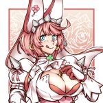  1girl ahoge animal_ears aqua_eyes ascot breasts bridal_veil cleavage cleavage_cutout clothing_cutout clover elphelt_valentine four-leaf_clover gloves guilty_gear guilty_gear_xrd hairband huge_ahoge juliet_sleeves large_breasts long_sleeves looking_at_viewer mori_no_yousei pink_hair puffy_sleeves short_hair simple_background smile spiked_hairband spikes upper_body veil white_ascot white_gloves 