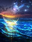  absurdres cloud crescent fantasy highres horizon jellyfish lighthouse night night_sky no_humans ocean original outdoors scenery sky smile_(qd4nsvik) star_(sky) starry_sky sunset 