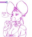  african_wild_dog anthro bantu_knots big_ears breasts canid canine cheek_bulge cleavage clothed clothing collar dialogue eating eating_food eyebrows female fingerpads hair hair_bun hi_res jacket lidded_eyes mammal pawpads sanz-interro sketch snout solo speech_bubble topwear 