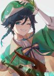  1boy androgynous aqua_hair bard beret black_hair braid cape cecilia_flower_(genshin_impact) collared_cape flower frilled_sleeves frills genshin_impact gradient_hair green_cape green_eyes green_headwear grin hat hat_flower highres holding holding_instrument instrument juliet_sleeves long_sleeves looking_at_viewer lyre male_focus multicolored_hair one_eye_closed otoko_no_ko puffy_sleeves shirt short_hair_with_long_locks side_braids smile takachiho0417 twin_braids venti_(genshin_impact) white_flower white_shirt 