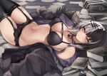  1girl black_choker black_coat black_hair black_panties black_thighhighs book breasts choker coat from_side fur-trimmed_coat fur_trim garter_belt grey_hair highres hololive hololive_english jacket large_breasts long_hair looking_at_viewer lying multicolored_hair navel off_shoulder on_back on_floor open_clothes open_jacket panties paper seductive_smile shiori_novella smile solo split-color_hair stomach takida_185 thighhighs two-tone_hair underwear virtual_youtuber yellow_eyes zipper 