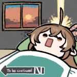  1girl ahoge bed bedroom brown_eyes brown_hair clipe feather_hair_ornament feathers hair_ornament hololive hololive_english long_hair lowres multicolored_hair nanashi_mumei pillow ponytail square_mouth streaked_hair sunrise to_be_continued under_covers very_long_hair virtual_youtuber waking_up window 
