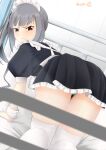  1girl absurdres all_fours alternate_costume apron aqua_panties artist_logo ass black_dress black_ribbon brown_eyes dress embarrassed enmaided frilled_apron frills grey_hair hair_ribbon highres indoors kantai_collection kasumi_(kancolle) long_hair looking_at_viewer maid maid_apron maid_headdress mochizou on_bed one-hour_drawing_challenge panties ribbon side_ponytail solo thighhighs underwear white_apron white_thighhighs zettai_ryouiki 
