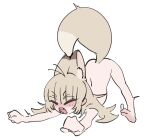  ahoge animal_humanoid bouen canid canid_humanoid canine canine_humanoid cat_stretch cream_ears fangs female fist fox_humanoid fur hair humanoid light_body light_skin mammal mammal_humanoid multi_ear nude nuka_(bouen) open_mouth solo stretching tail tan_body tan_fur tan_tail teeth yawn young 