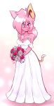  2023 absurd_res alternate_hairstyle anthro blush bouquet breasts cheek_tuft chest_tuft clothing dress facial_tuft female flower fur hair hi_res holding_bouquet holding_flower holding_object jamoart looking_at_viewer mammal mathilda_(jamoart) medium_breasts mouse murid murine pink_body pink_eyes pink_fur pink_hair plant rodent rose_(flower) simple_background smile solo standing tuft wedding_dress white_clothing white_dress 