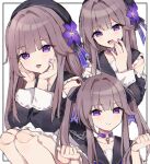  1girl :d :p anaketsu beret black_headwear brown_hair choker doll_joints face_in_hands flower hair_flower hair_ornament hat herta_(honkai:_star_rail) highres honkai:_star_rail honkai_(series) joints key long_hair looking_at_viewer multiple_views purple_choker purple_eyes purple_nails smile tongue tongue_out twintails 