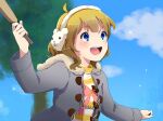  1girl ahoge animal_earmuffs blonde_hair blue_eyes blue_sky bow_print buttons clenched_hand cloud coat commentary day earmuffs eyelashes fur-trimmed_coat fur_trim grey_coat hairband hand_up holding holding_paddle hood hood_down hooded_coat idolmaster idolmaster_million_live! light_blush long_sleeves looking_ahead medium_hair open_clothes open_coat open_mouth outdoors outstretched_arms paddle shirt sky smile solo sparkle striped striped_shirt suou_momoko teeth tree turtleneck two-tone_shirt upper_body upper_teeth_only wavy_hair white_hairband white_shirt winter_clothes witoi_(roa) yellow_shirt 