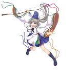  1girl :d black_footwear blue_skirt bow_(weapon) full_body game_cg grey_eyes grey_hair highres holding holding_bow_(weapon) holding_weapon japanese_clothes kariginu long_hair long_sleeves looking_at_viewer mononobe_no_futo open_mouth pom_pom_(clothes) ponytail ribbon-trimmed_sleeves ribbon_trim rotte_(1109) simple_background skirt smile solo third-party_source touhou v-shaped_eyebrows weapon white_background wide_sleeves 