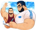  2boys =_= arm_hair armpit_hair armpits bad_id bad_twitter_id bara blue_sky chest_hair covered_nipples cropped_torso daisukebear from_side frown full_beard glasses highres huge_eyebrows large_pectorals male_focus mature_male multiple_boys nipple_slip nipples notebook original pectoral_cleavage pectorals plump red_tank_top shirt short_hair sidepec sky stomach t-shirt tank_top waving writing 