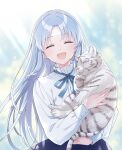  1girl animal blue_hair blue_ribbon blue_skirt cat closed_eyes copyright_request e_(eokiba) highres holding holding_animal holding_cat long_hair long_sleeves neck_ribbon open_mouth ribbon shadow shirt skirt smile sparkle white_shirt 