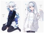  1girl :o animal_ears blue_eyes cinnamoroll fake_animal_ears furina_(genshin_impact) genshin_impact highres hood hoodie long_hair mismatched_pupils multicolored_hair open_mouth pantyhose pomepome1207 shorts two-tone_hair white_hoodie 