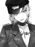  1girl artist_name chainsaw_man choker coat earrings fami_(chainsaw_man) greyscale hat highres jewelry lianng lip_piercing looking_at_viewer military_hat mole mole_under_eye mole_under_mouth monochrome multiple_moles piercing ringed_eyes short_hair simple_background solo tassel tassel_earrings white_background 