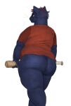  2021 anthro baseball_bat bat_(object) blue_body blue_fur bottomless butt cettus clothed clothing domestic_cat felid feline felis female fur highlights_(coloring) holding_object mae_borowski mammal night_in_the_woods overweight overweight_anthro overweight_female rear_view red_highlights shirt shirt_only simple_background solo topwear topwear_only walking white_background 