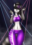  2023 anthro biped black_hair black_markings black_nose blue_highlights bottomwear bracelet breasts camel_toe closed_smile clothed clothing countershade_face countershade_torso countershading crop_top danaume dancing english_text eyebrows eyes_closed facial_markings female genital_outline grey_body hair head_markings hi_res highlights_(coloring) inside jewelry mammal markings mask_(marking) midriff mouth_closed multicolored_body navel navel_piercing pants piercing ponytail procyonid pussy_outline raccoon ring_(marking) ringtail shirt short_hair smile solo standing tail tail_markings text text_on_clothing tight_bottomwear tight_clothing tight_pants topwear trans_(lore) trans_woman_(lore) two_tone_body white_body 