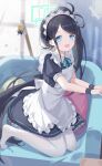  &lt;key&gt;_(robot)_(blue_archive) 1girl apron aqua_ribbon aris_(blue_archive) aris_(maid)_(blue_archive) black_dress black_hair black_wristband blue_archive blue_eyes blurry blurry_background blush broom commentary dress frilled_apron frills full_body green_halo halo highres indoors keychain kneeling long_hair looking_at_viewer maid maid_apron maid_headdress neck_ribbon no_shoes official_alternate_costume open_mouth pantyhose ponytail puffy_short_sleeves puffy_sleeves ribbon serika short_sleeves solo toes very_long_hair white_pantyhose 