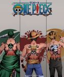  3boys artist_name back back_tattoo bandana black_hair black_pants blonde_hair chef_hat cigarette clenched_hand curly_eyebrows english_commentary green_hair hand_in_pocket hat highres holding instagram_logo jolly_roger logo male_focus maximdraws monkey_d._luffy mouth_hold multiple_boys one_piece one_piece_(live_action) pants roronoa_zoro sanji_(one_piece) sash short_hair skull_and_crossbones smoke straw_hat tattoo topless topless_male yellow_sash 