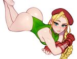  ahoge ass barefoot beret blue_eyes blushyspicy braid breasts cammy_white crossed_legs gloves green_leotard hat leotard light_smile looking_at_viewer lying on_stomach red_gloves scar sideboob simple_background smile street_fighter street_fighter_6 thighs twin_braids white_background 