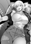  1girl blush breasts collarbone couch denim greyscale hair_between_eyes highres ice_reizou jeans large_breasts long_hair looking_at_viewer lying midriff_peek mole mole_under_mouth monochrome navel on_back on_couch open_clothes open_mouth open_shirt original pants shirt solo striped striped_shirt tank_top tongue tongue_out torn_clothes torn_pants vertical-striped_shirt vertical_stripes 