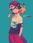  1boy black_hair black_pants blue_background bright_pupils closed_mouth clothes_around_waist copyright_name frown gotcha! gotcha!_boy_(pokemon) hand_in_pocket highres jacket jacket_around_waist jitome male_focus menma_(enaic31) on_shoulder pants pikachu pokemon pokemon_(creature) pokemon_on_shoulder red_headwear red_jacket short_hair short_sleeves two-tone_shirt white_pupils 