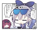  2girls :&gt; =_= beni_shake black_jacket chibi closed_eyes closed_mouth collared_shirt commentary_request crying eyewear_on_head fur-trimmed_jacket fur_trim goggles goggles_on_head gradient_background grey_background grey_hair hair_between_eyes hair_ornament hairclip honkai:_star_rail honkai_(series) jacket kafka_(honkai:_star_rail) long_sleeves multiple_girls open_mouth ponytail puffy_long_sleeves puffy_sleeves purple_eyes red_hair ringlets round_eyewear shirt sidelocks signature silver_wolf_(honkai:_star_rail) streaming_tears sunglasses tears translation_request wavy_mouth white_background 