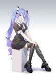  1girl a-soul absurdres ava_(a-soul) black_footwear black_skirt black_socks blue_eyes highres long_hair looking_at_viewer open_mouth purple_hair shu_bai sitting skirt smile socks solo twintails very_long_hair virtual_youtuber 