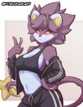  2023 5_fingers anthro artist_name black_clothing breasts cleavage clothed clothing female fingers generation_4_pokemon gesture looking_at_viewer luxray midriff nintendo pokemon pokemon_(species) red_nose red_sclera simple_background smile smiling_at_viewer solo tail tracksuit v_sign yellow_eyes yorusagi 