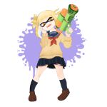  1girl bad_link black_skirt boku_no_hero_academia brown_footwear cosplay domino_mask full_body gun highres holding holding_gun holding_weapon inkling inkling_girl inublanc long_sleeves mask neckerchief open_mouth orange_eyes red_neckerchief sailor_collar skirt socks solo splatoon_(series) tentacle_hair toga_himiko toga_himiko_(cosplay) weapon white_background 