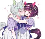  2girls animal_ears aqua_hair arm_around_shoulder blush bow bowtie brown_hair closed_eyes ear_covers hair_ornament hairband heart highres horse_ears horse_girl horse_tail hug jeonjagolhaem kiss kissing_cheek multiple_girls nishino_flower_(umamusume) open_mouth purple_shirt sailor_collar school_uniform seiun_sky_(umamusume) shirt short_hair short_sleeves skirt smile sweatdrop tail tracen_school_uniform umamusume white_skirt x_hair_ornament 