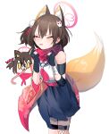  2girls absurdres animal_ears black_gloves black_hair black_sailor_collar black_skirt blue_archive blush closed_eyes dual_persona feet_out_of_frame fox_ears fox_tail ggab0621 gloves halo highres izuna_(blue_archive) long_tongue multiple_girls neckerchief partially_fingerless_gloves pink_halo pink_neckerchief pink_scarf pleated_skirt sailor_collar scarf short_hair simple_background skirt tail tongue tongue_out very_long_tongue white_background yellow_eyes 