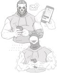  1boy artist_name bara broken_phone call_of_duty call_of_duty:_modern_warfare_2 dilfborne_(ventiskull) ghost_(modern_warfare_2) greyscale highres holding holding_phone hood hood_down hoodie large_pectorals male_focus mask monochrome muscular muscular_male pectorals phone skull_mask sleeveless sleeveless_hoodie soap_(modern_warfare_2) solo veins veiny_arms 