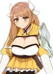  1girl braid breasts brown_hair cleavage closed_mouth fire_emblem fire_emblem_engage goldmary_(fire_emblem) highres kirby_lord large_breasts looking_at_viewer mole mole_on_breast shield side_braid skirt smile solo yellow_eyes yellow_skirt 