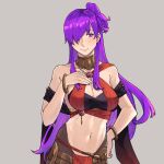  1girl alternate_costume bare_shoulders breasts cleavage commentary cosplay dancer fire_emblem fire_emblem:_three_houses fire_emblem_heroes fire_emblem_warriors:_three_hopes grey_background hair_over_one_eye harem_outfit jewelry large_breasts lene_(fire_emblem) lene_(fire_emblem)_(cosplay) long_hair looking_at_viewer midriff navel neck_ring one_side_up purple_eyes purple_hair sakuremi shez_(female)_(fire_emblem) shez_(fire_emblem) simple_background smile solo stomach upper_body very_long_hair 