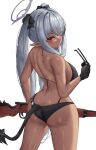  1girl absurdres ass bikini black_bikini black_ribbon blue_archive bolt_action butt_crack commentary_request dark-skinned_female dark_skin demon_tail from_behind grey_hair gun hair_ribbon highres holding holding_eyewear holding_gun holding_weapon iori_(blue_archive) iori_(swimsuit)_(blue_archive) long_hair looking_at_viewer looking_back mauser_98 mua_(mua_pb) official_alternate_costume pointy_ears red_eyes ribbon rifle solo sunglasses swimsuit tail twintails weapon 