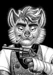  2023 anthro bandage bandaged_hand cigarette cigarette_in_mouth clenched_teeth clothed clothing domestic_cat fangs felid feline felis front_view fur gun hair half-closed_eyes hi_res holding_gun holding_object holding_weapon lackadaisy looking_at_viewer male mammal narrowed_eyes nicodeme_savoy nikraccoom object_in_mouth portrait ranged_weapon shirt solo teeth topwear vest weapon webcomic 