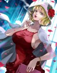  1girl bag blonde_hair blue_eyes breasts collarbone cowboy_shot dress flower handbag hat index_finger_raised jewelry large_breasts looking_at_viewer moroi one_piece open_mouth petals red_dress red_flower red_rose rose short_hair sideboob smile solo stussy_(one_piece) 