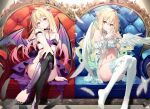  2girls ahoge angel_and_devil angel_wings aqua_nails armband bare_shoulders barefoot black_nails blonde_hair blush bra breasts chain cleavage closed_mouth collar couch crossed_legs demon_girl demon_tail demon_wings dual_persona falling_feathers feathered_wings feathers feet foot_out_of_frame frilled_bra frills gradient_hair hair_between_eyes hair_bun hair_ornament hair_ribbon head_tilt hikikomari_kyuuketsuki_no_monmon legs licking_lips lingerie long_hair looking_at_viewer multicolored_hair multiple_girls nail_polish navel negligee no_shoes on_couch panties red_eyes revealing_clothes ribbon riichu side-tie_panties sitting smile split_theme stomach tail terakomari_gandezblood thighhighs thighs toeless_legwear toenail_polish toenails toes tongue tongue_out underwear very_long_hair white_feathers white_thighhighs wings 