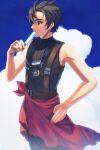  1boy alec_(arc_the_lad) arc_the_lad arc_the_lad_iii belt black_hair closed_mouth cloud food food_in_mouth goggles highres holding holding_food holding_popsicle iro_saki jewelry male_focus necklace popsicle short_hair solo spiked_hair 