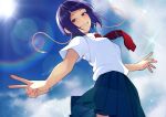  1girl absurdres audio_jack blue_eyes blue_skirt blue_sky blunt_bangs blunt_ends blurry blush bob_cut bokeh boku_no_hero_academia breasts cloud commentary depth_of_field eyelashes floating_clothes floating_hair floating_neckwear from_below grin highres inverted_bob jirou_kyouka kobaji lens_flare long_earlobes narrowed_eyes necktie outdoors pleated_skirt purple_hair red_necktie school_uniform shirt short_sleeves skirt sky small_breasts smile solo sparkle teeth tie_clip u.a._school_uniform v white_shirt 