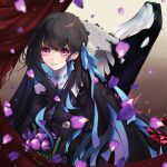  1girl black_dress black_hair blue_hair blue_ribbon bouquet colored_inner_hair dress falling_petals flower hair_ribbon holding holding_bouquet long_hair long_neck multicolored_hair petals punishing:_gray_raven purple_eyes ribbon selena_(punishing:_gray_raven) sion0720 whale 