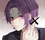  1boy black_shirt blue_lock closed_mouth grey_background hand_up highres jewelry koumimi looking_at_viewer male_focus middle_finger mikage_reo mouth_hold necklace purple_eyes purple_hair shirt short_eyebrows short_hair solo upper_body 