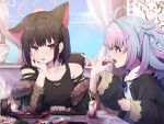 2girls ahoge alternate_costume annoyed arm_support black_coat black_hair blue_archive blunt_bangs casual coat collarbone colored_inner_hair commentary_request cookie drinking_straw feeding food fur-trimmed_coat fur_trim hair_between_eyes hair_ornament hairclip halo head_rest head_tilt holding holding_food kazusa_(blue_archive) long_hair long_sleeves looking_at_another milk_carton mouth_hold multicolored_hair multiple_girls open_clothes open_coat package pocky pointing profile purple_eyes purple_hair red_eyes reisa_(blue_archive) sakishimadara sidelocks snack star_(symbol) star_hair_ornament table two-tone_hair wide_sleeves 