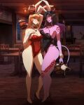  2girls absurdres animal_ears arm_tattoo bar_(place) black_hair blonde_hair colored_skin commentary_request demon_girl demon_horns demon_tail full_body high_heels highres horns leotard long_hair multicolored_hair multiple_girls neck_ribbon non-web_source original playboy_bunny purple_skin rabbit_ears ribbon strapless strapless_leotard tail tattoo waitress wide_hips 