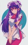  1girl apron bell breasts chinese_clothes commentary cowboy_shot double_bun hair_bell hair_bun hair_ornament headdress highres long_hair looking_at_viewer own_hands_together pink_eyes purple_hair ranma_1/2 rumic_0620 shampoo_(ranma_1/2) short_sleeves sidelocks smile solo white_apron 