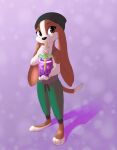  2023 anthro barefoot beagle beanie beverage brown_eyes bubble_tea canid canine canis clothed clothing domestic_dog drinking feet fully_clothed hat headgear headwear hi_res hunting_dog hybrid lagomorph leporid light lighting long_ears looking_at_viewer mammal purple_background rabbit ribbontini scent_hound shaded shadow shirt signature simple_background solo standing straw tank_top topwear 