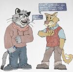  2023 4_fingers anthro biped blush bottomwear brok_the_investigator clothing cougar dialogue domestic_cat duo english_text felid feline felis fingers graff_filsh grey_body hoodie humanoid_hands klay_(brok_the_investigator) male mammal pants shirt text this_nomad topwear 